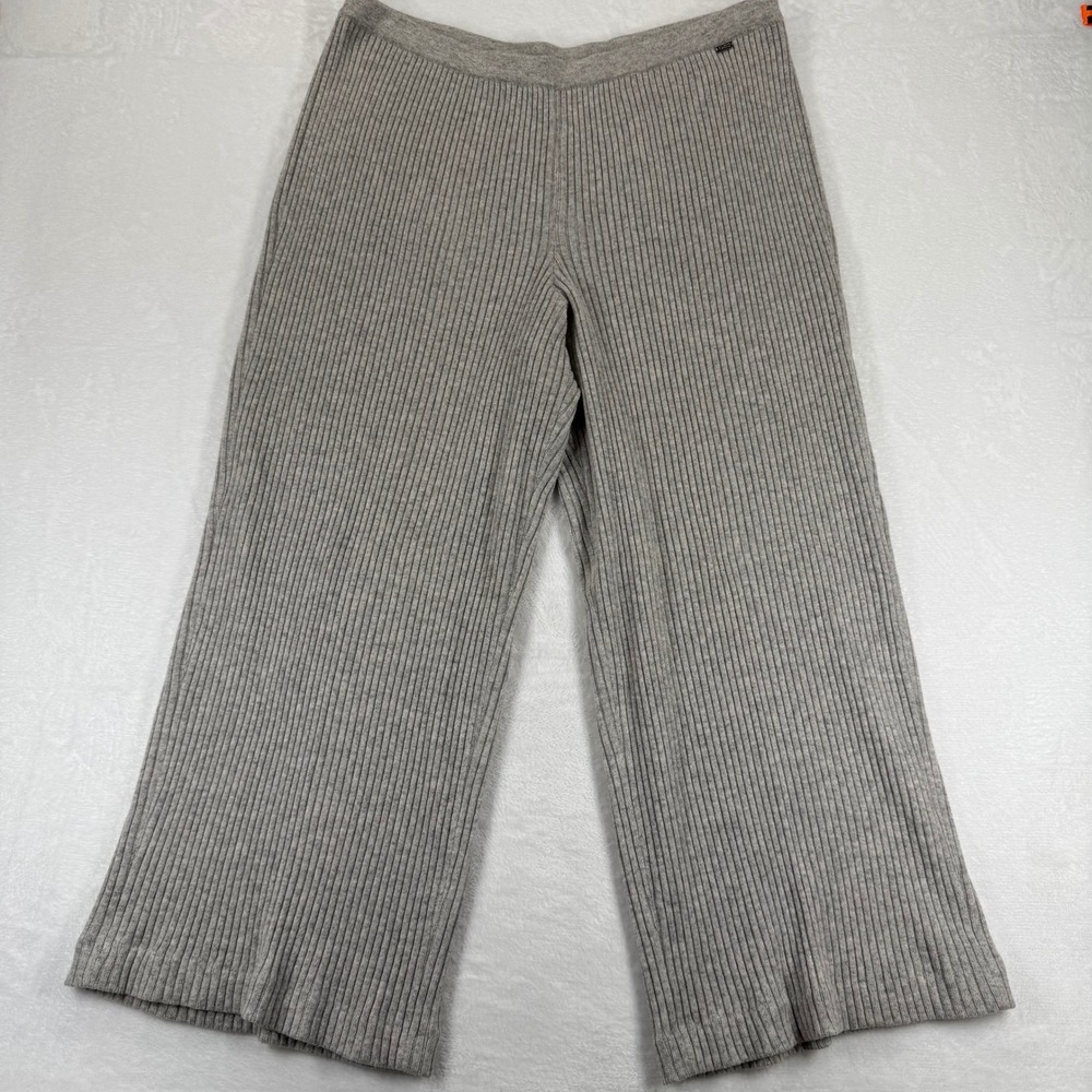 St John Womens Ribbed Knit Wide Leg Pants Heather Gray Cashmere XL NWT Luxury